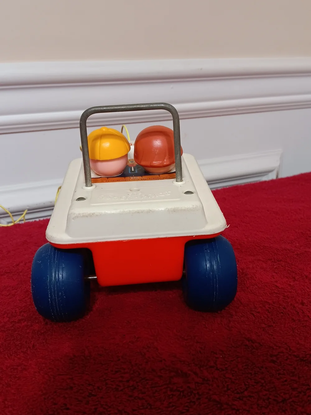 Vintage 1973 Fisher-Price Bouncing Buggy Pull Toy - White, Red & Blue